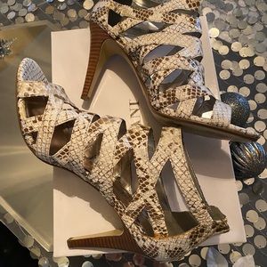 Alfani Open Toe Snakeskin Print Strap Sandal Heels.